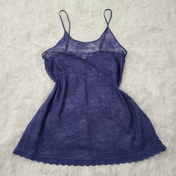Victoria's Secret Womens Sz M Dusty Periwinkle Y2K Lace Floral Mesh Slip Dress - Picture 1 of 9